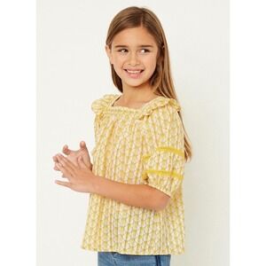 Hayden Girls Yellow Geometric Print Ruffle Sleeve Lace Trim Tunic Top Size L